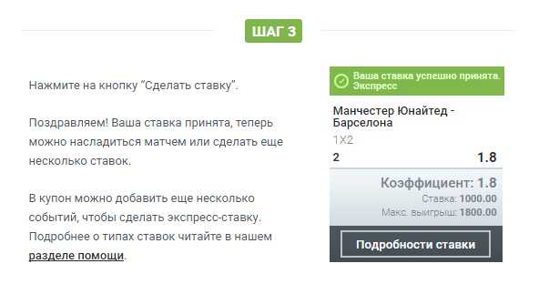 Подтвердите действие. Нажмите “Сделать ставку”. Поздравляем Вас с первым пари! Теперь Вы можете следить за спортивным событием или заключить новое пари.