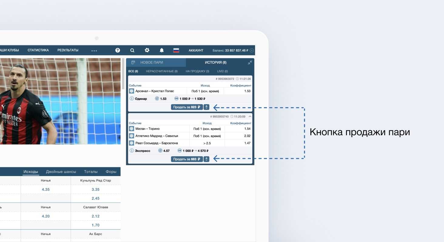 Конопка продажи пари на официальном сайте БК “Фонбет”