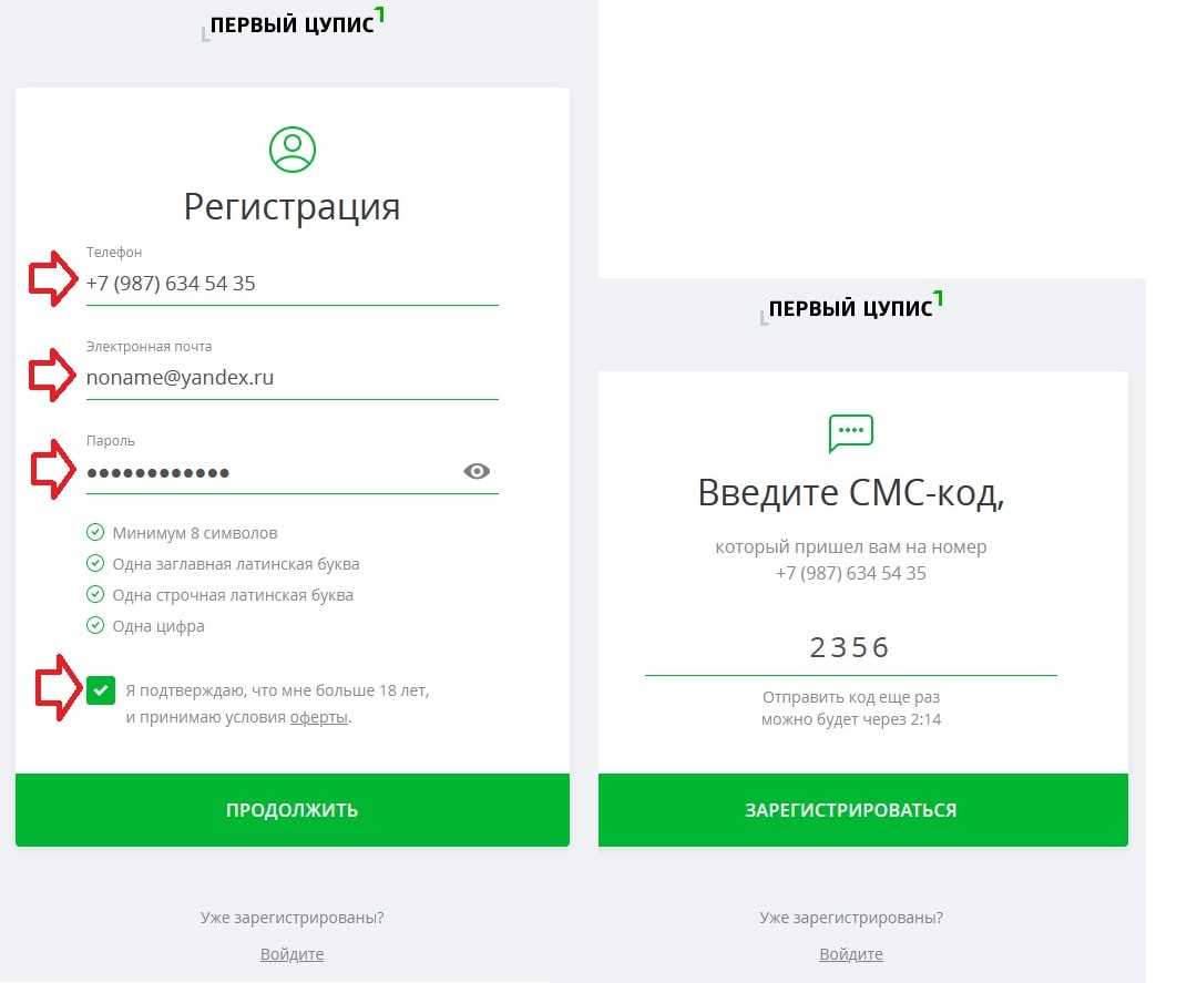 Меню для регистрации в Первом ЦУПИС Винлайн